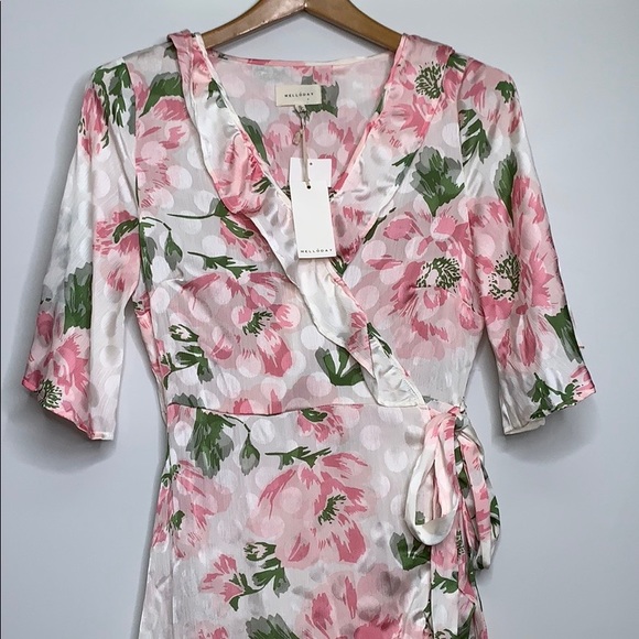 NWTs MELLODAY Floral Pink Wrap Ruffle Dot Dress - Picture 5 of 13